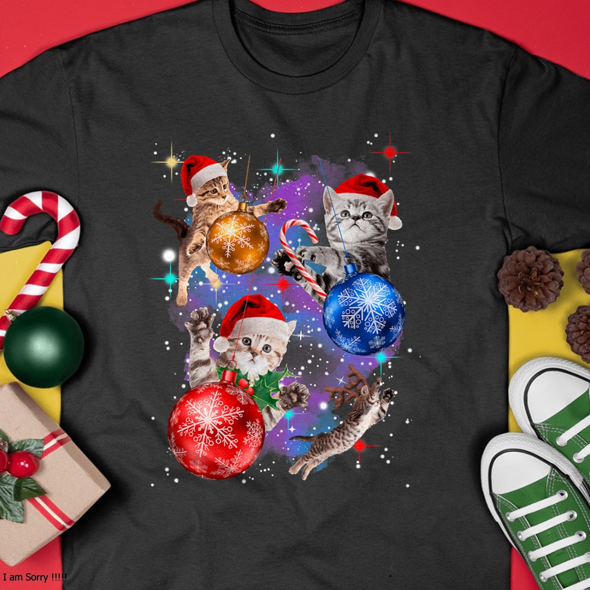 Cute Christmas Cats In Space Ornaments Graphic T-Shirt - Christmas Unisex T-Shirt/Hoodie/Sweatshirt - TRNN00
