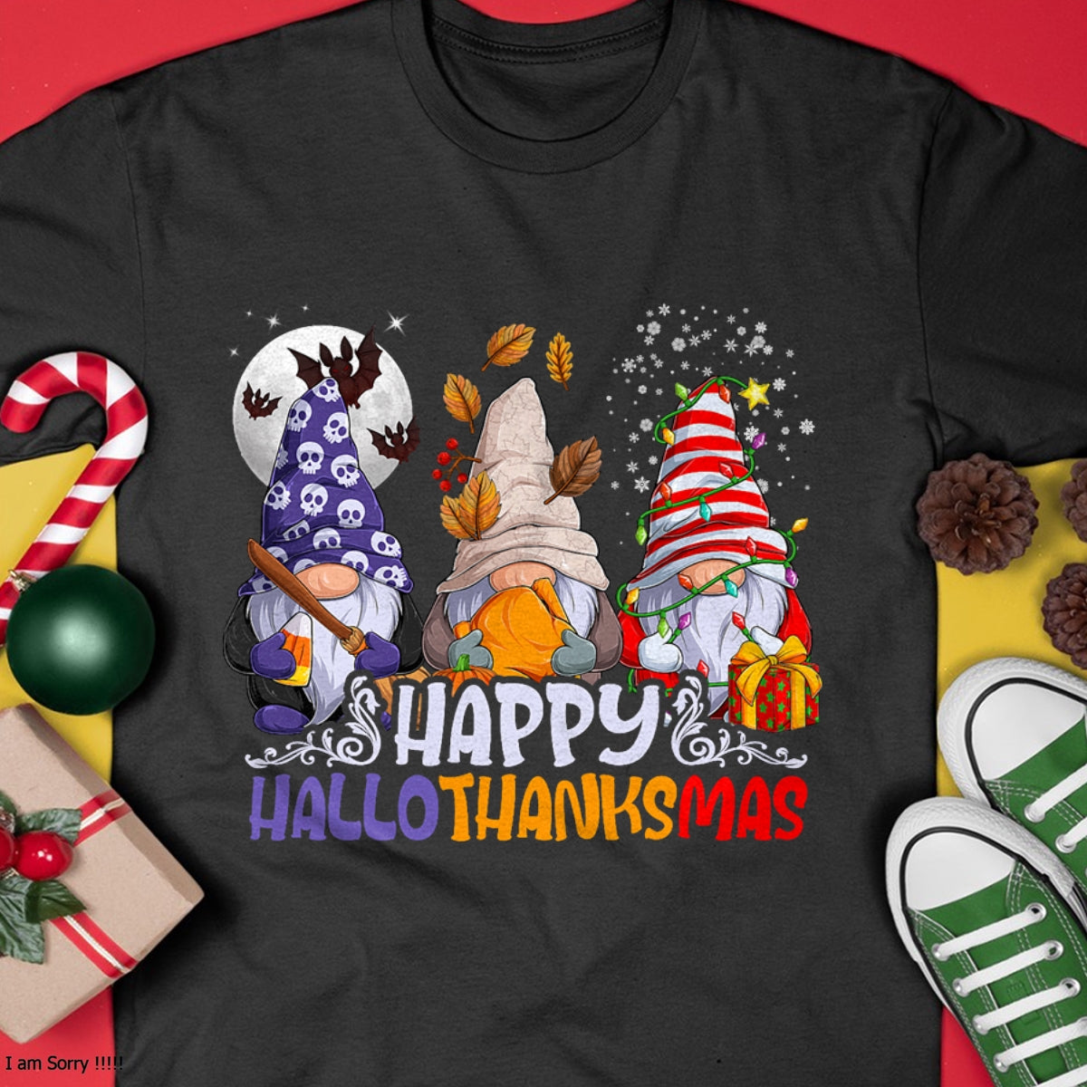 HalloThanksMas Gnomes Halloween Thanksgiving Christmas Happy T-Shirt - Christmas Unisex T-Shirt/Hoodie/Sweatshirt - TRNN00