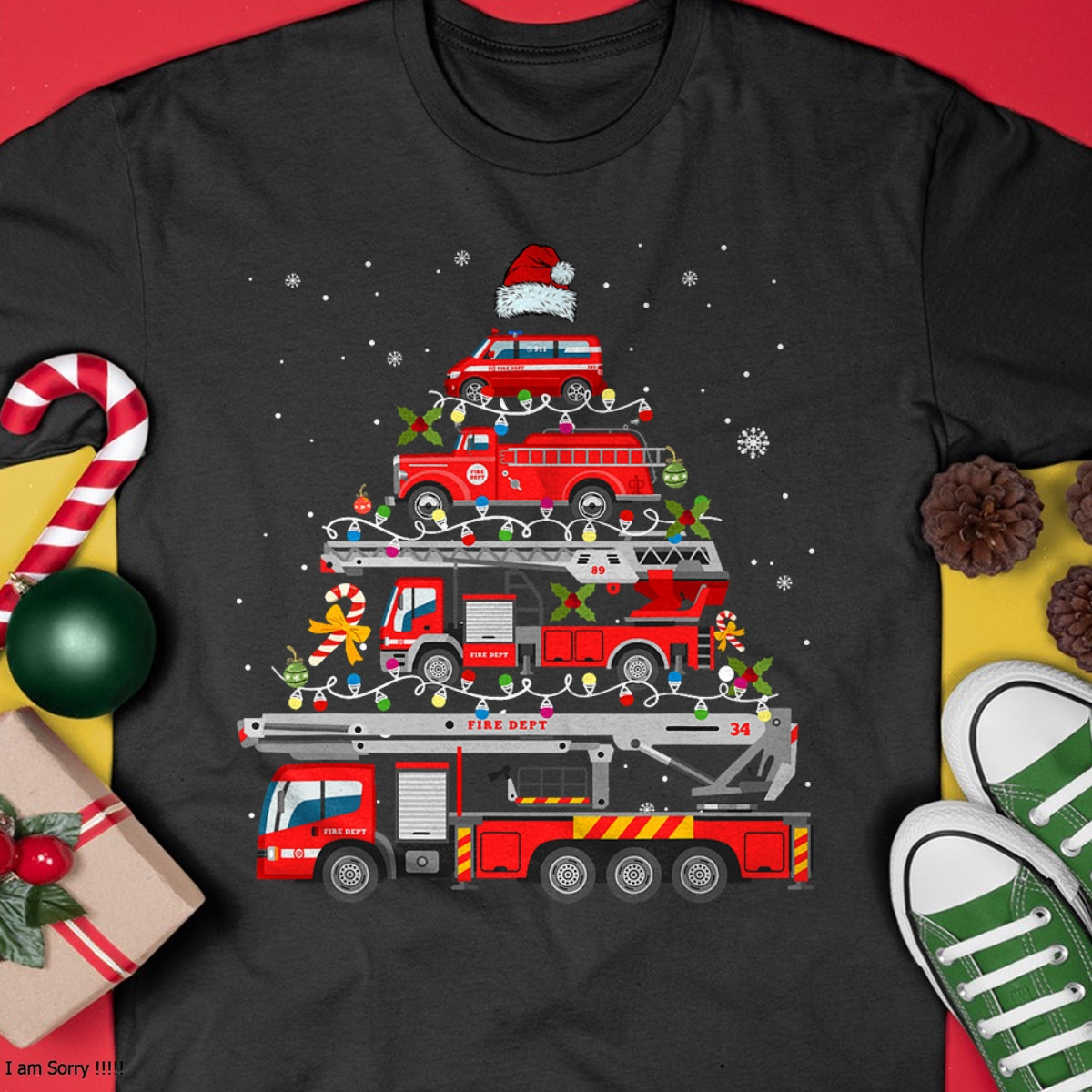 Firefighter Fire Truck Christmas Tree Lights Santa Fireman T-Shirt - Christmas Unisex T-Shirt/Hoodie/Sweatshirt - TRNN00