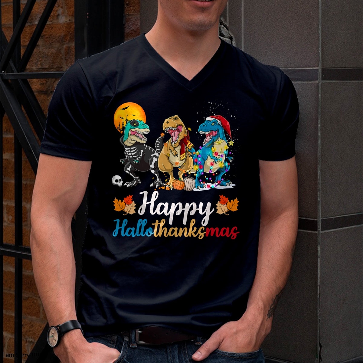 Halloween Thanksgiving Christmas Happy HalloThanksMas T rex T-Shirt - Christmas Unisex T-Shirt/Hoodie/Sweatshirt - TRNN00