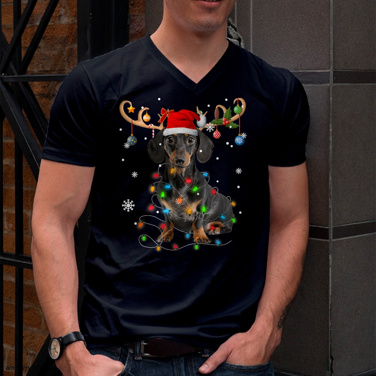 Funny Dachshund Christmas Reindeer Christmas Lights Pajama T-Shirt - Christmas Unisex T-Shirt/Hoodie/Sweatshirt - TRNN00