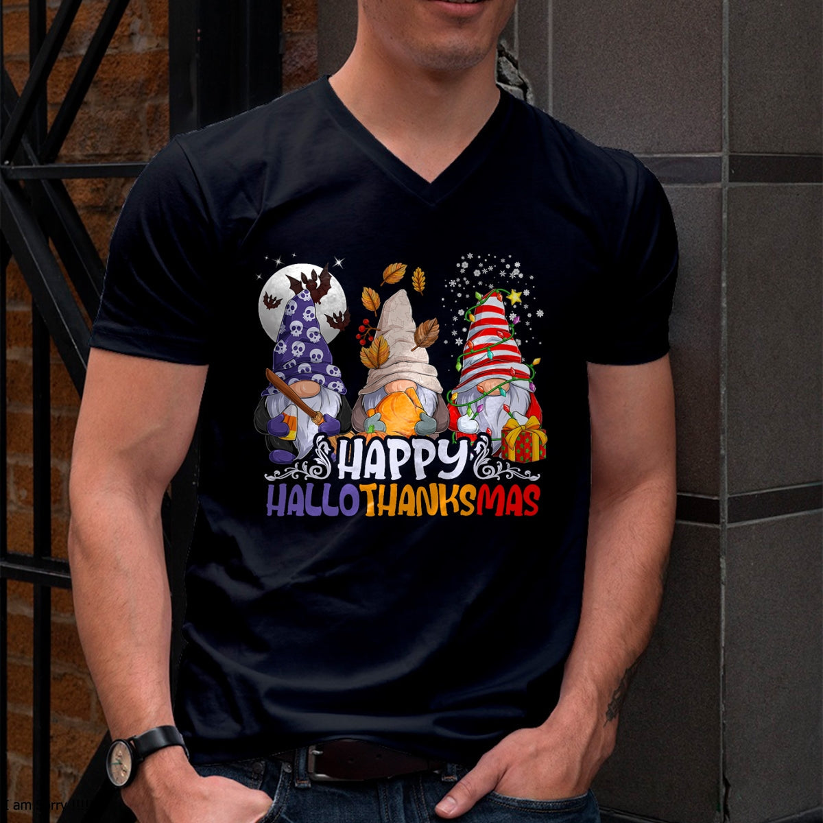 HalloThanksMas Gnomes Halloween Thanksgiving Christmas Happy T-Shirt - Christmas Unisex T-Shirt/Hoodie/Sweatshirt - TRNN00