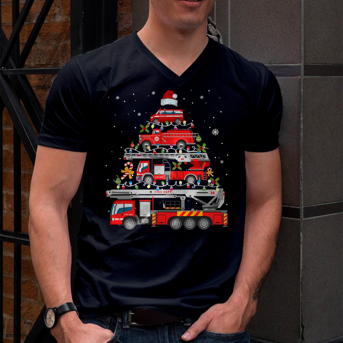 Firefighter Fire Truck Christmas Tree Lights Santa Fireman T-Shirt - Christmas Unisex T-Shirt/Hoodie/Sweatshirt - TRNN00