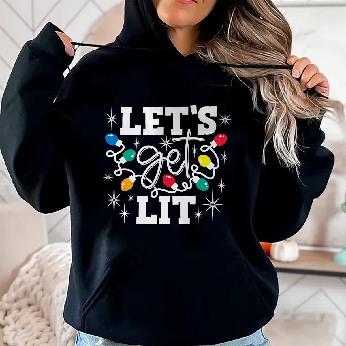 Let's Get Lit Drinking Santa Hat Christmas Lights Funny T-Shirt - Christmas Unisex T-Shirt/Hoodie/Sweatshirt - TRNN00