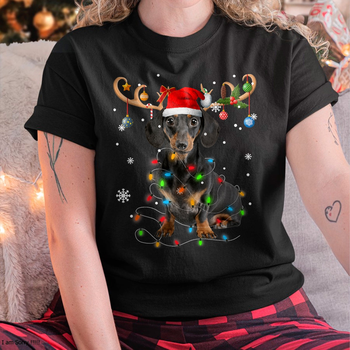 Funny Dachshund Christmas Reindeer Christmas Lights Pajama T-Shirt - Christmas Unisex T-Shirt/Hoodie/Sweatshirt - TRNN00