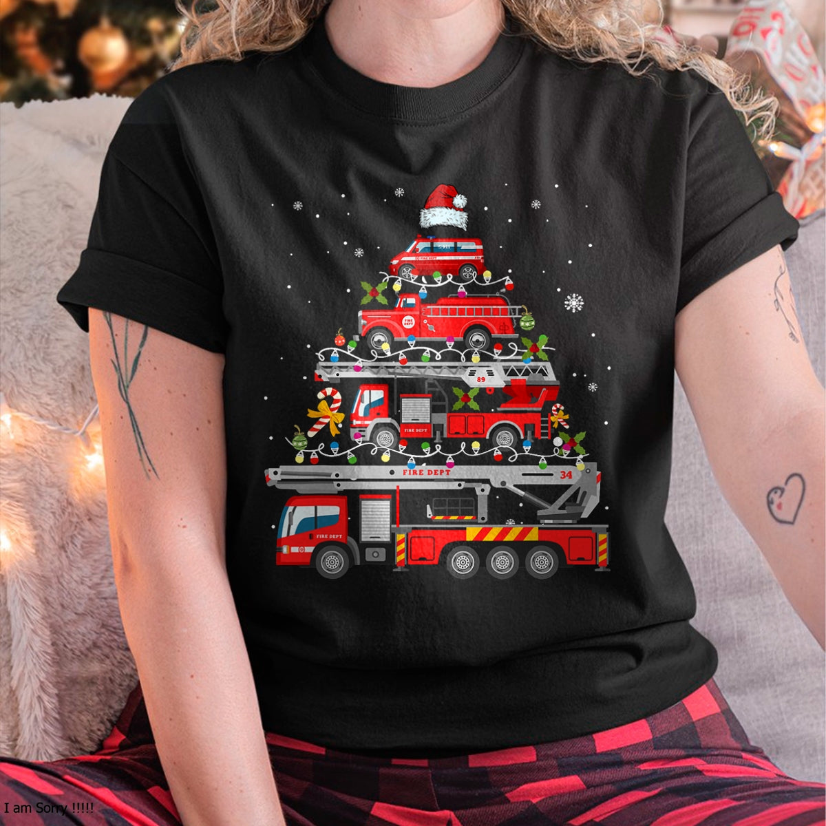 Firefighter Fire Truck Christmas Tree Lights Santa Fireman T-Shirt - Christmas Unisex T-Shirt/Hoodie/Sweatshirt - TRNN00
