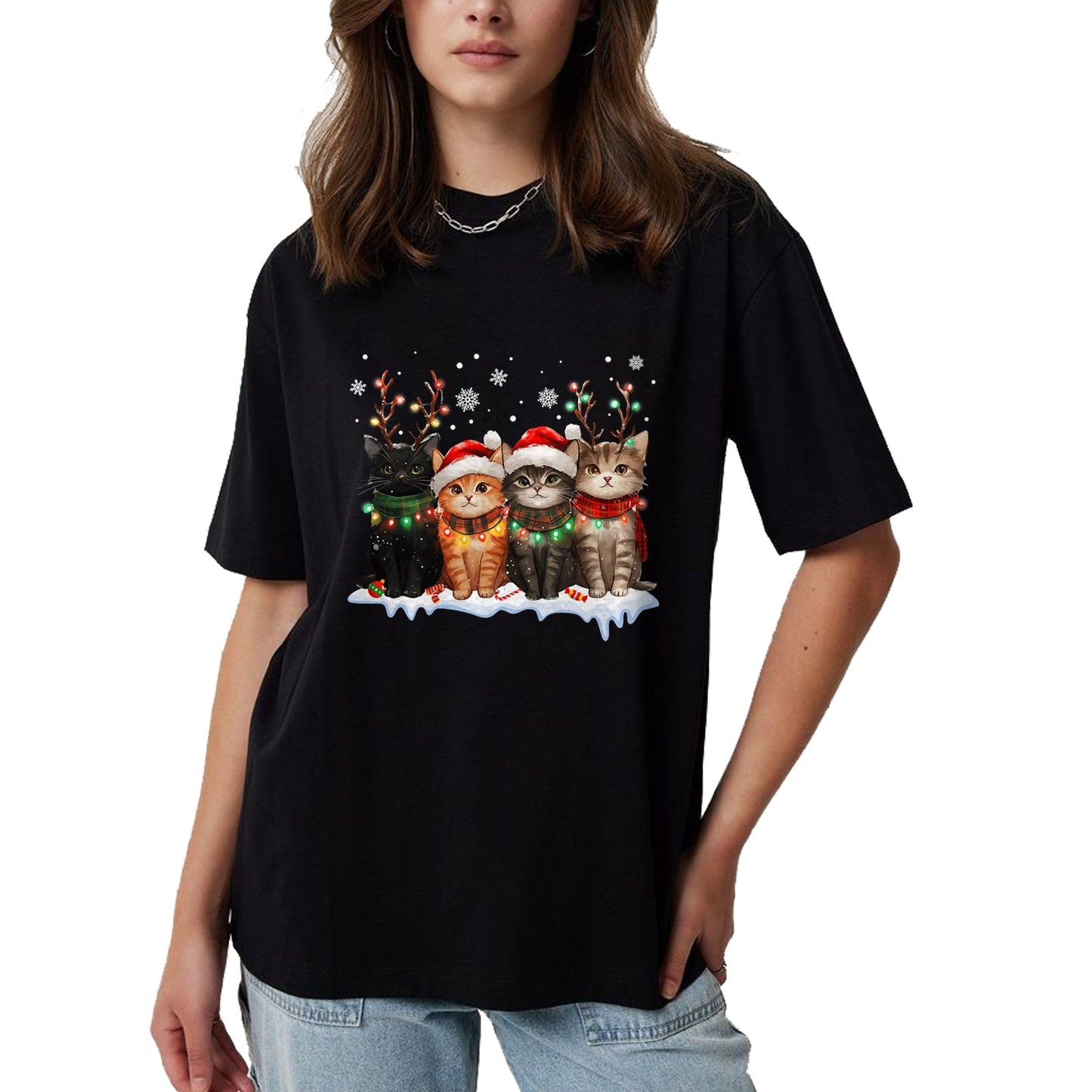 Cat Christmas Light Reindeer Santa Christmas Cat Lover T-Shirt - Christmas Unisex T-Shirt/Hoodie/Sweatshirt - TRNN00