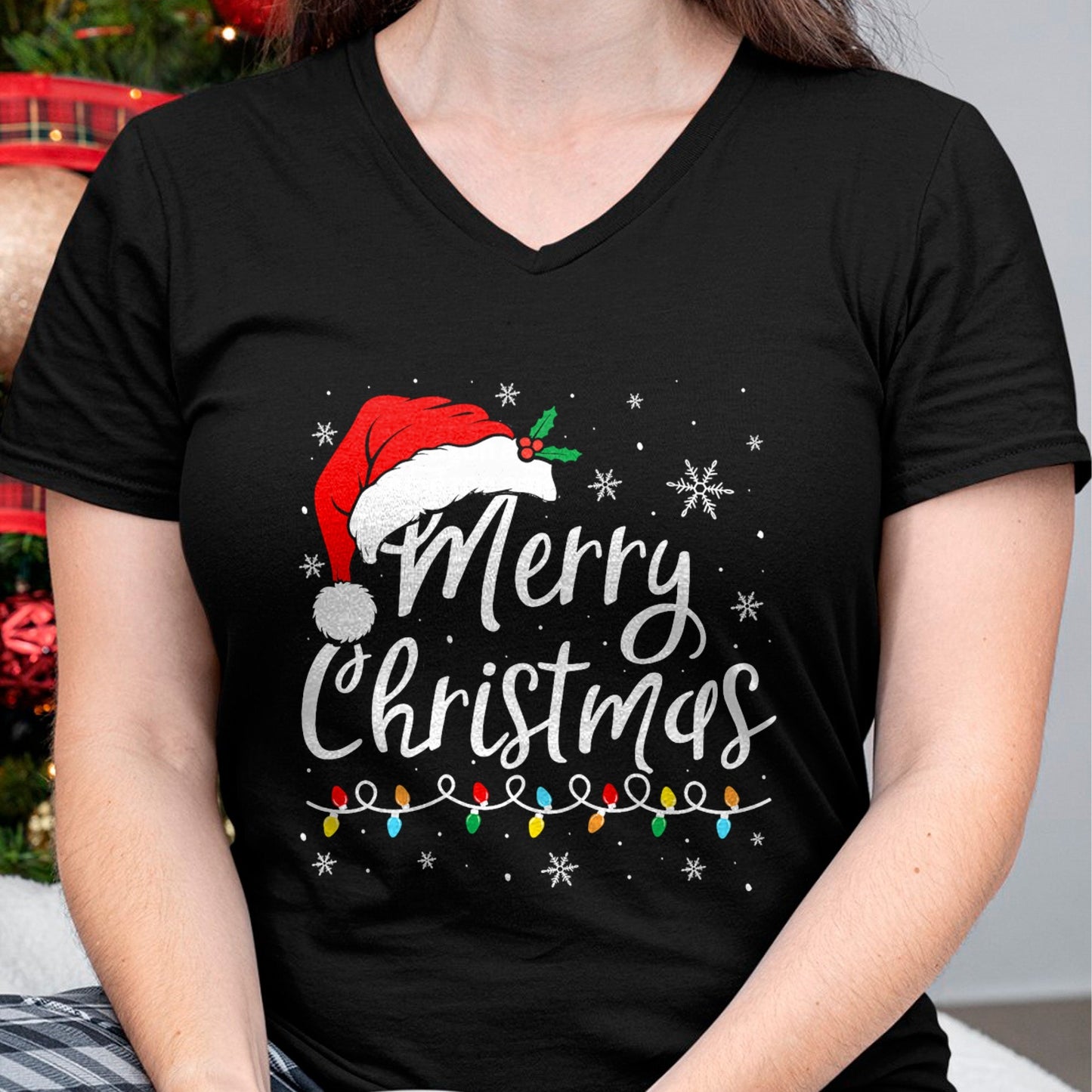 Merry Christmas Lights Santa Hat Xmas Family Matching Pajama T-Shirt - Christmas Unisex T-Shirt/Hoodie/Sweatshirt - TRNN00