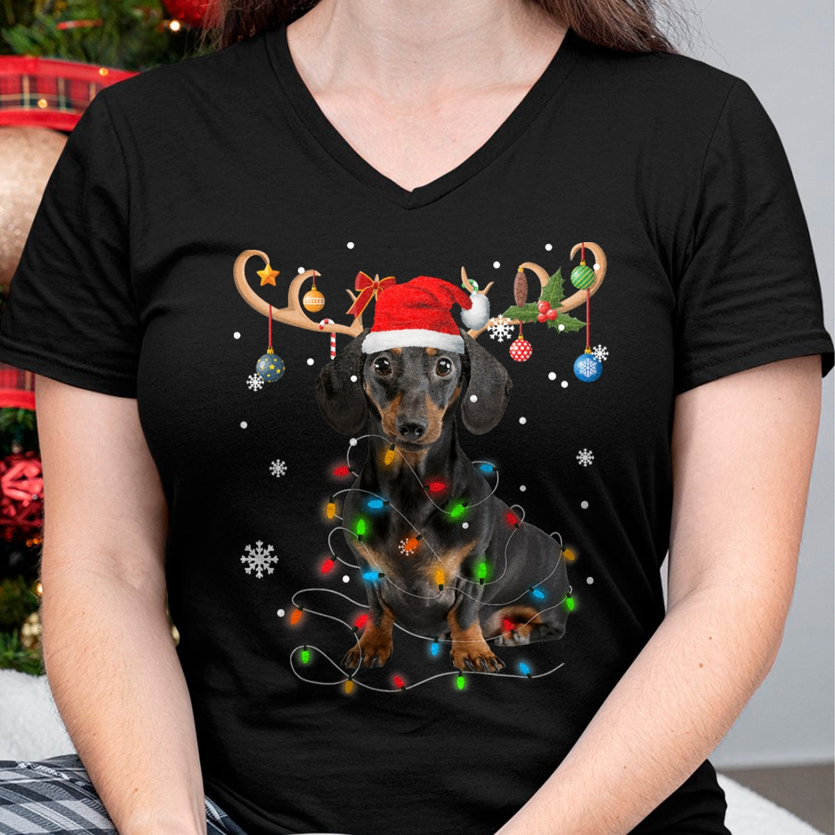 Funny Dachshund Christmas Reindeer Christmas Lights Pajama T-Shirt - Christmas Unisex T-Shirt/Hoodie/Sweatshirt - TRNN00