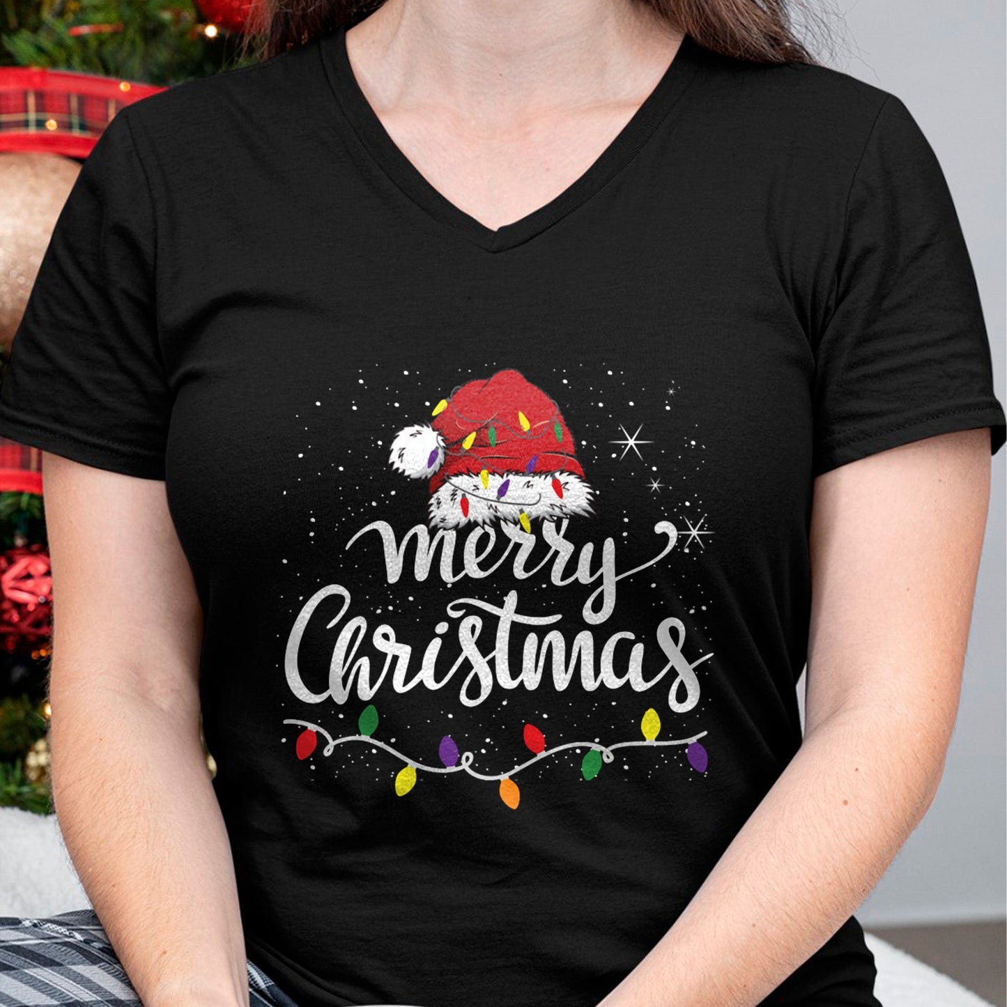 Merry Christmas Lights Red Santa Hat Xmas Family Men Women Pullover - Christmas Unisex T-Shirt/Hoodie/Sweatshirt - TRNN00